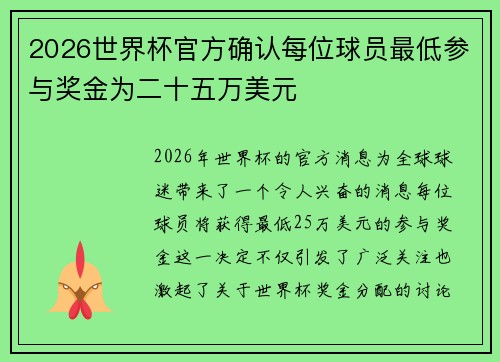 2026世界杯官方确认每位球员最低参与奖金为二十五万美元 2026世界杯官方确认每位球员最低参与奖金为二十五万美元